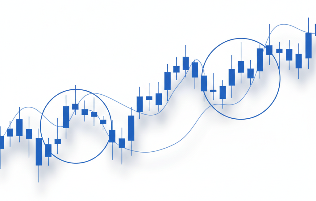 Fundo de gráfico de velas (candlestick) de criptomoeda, minimalista e de alta tecnologia, sobre uma superfície branca limpa.