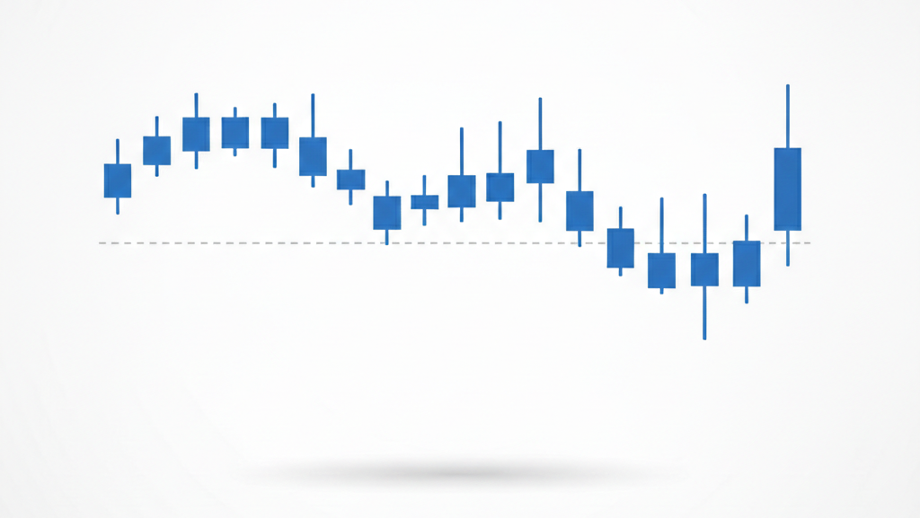 Gráfico de velas minimalista mostrando um 'Rompimento Falso' (Armadilha de Touro/Bull Trap).