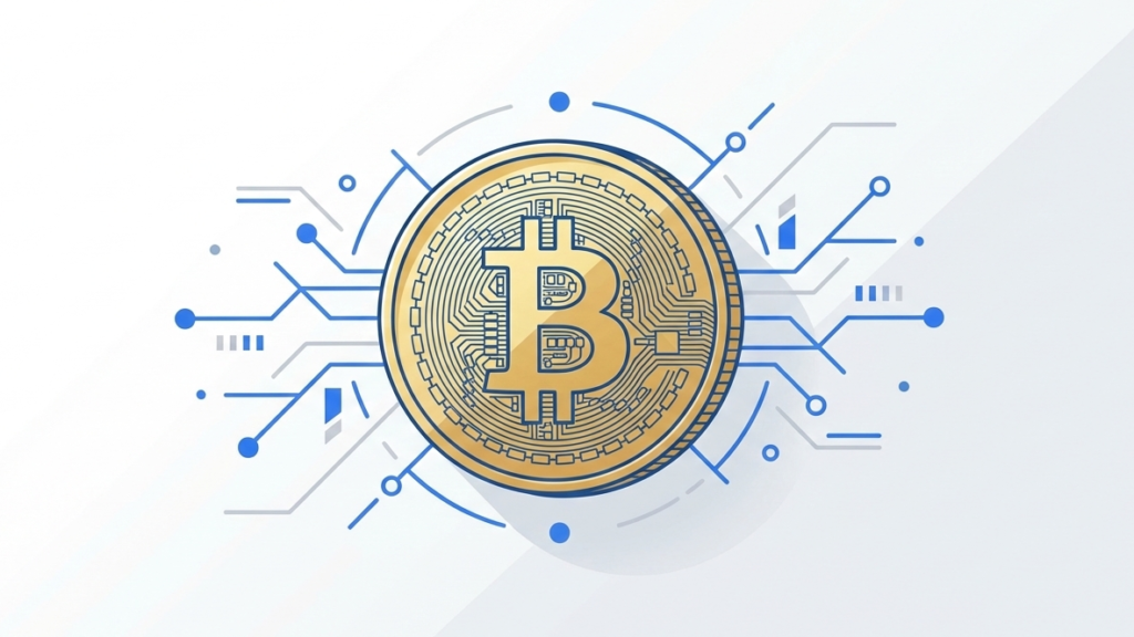 Close-up profissional de uma moeda física de Bitcoin dourada com detalhes de circuitos integrados e iluminação cinematográfica em tons de azul.