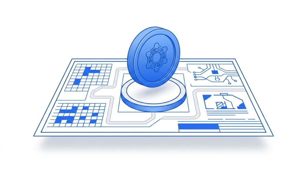 Ilustração minimalista em tons de azul mostrando uma moeda digital 3D surgindo de uma planta baixa (blueprint), representando o planejamento estratégico e a criação técnica de uma nova criptomoeda.