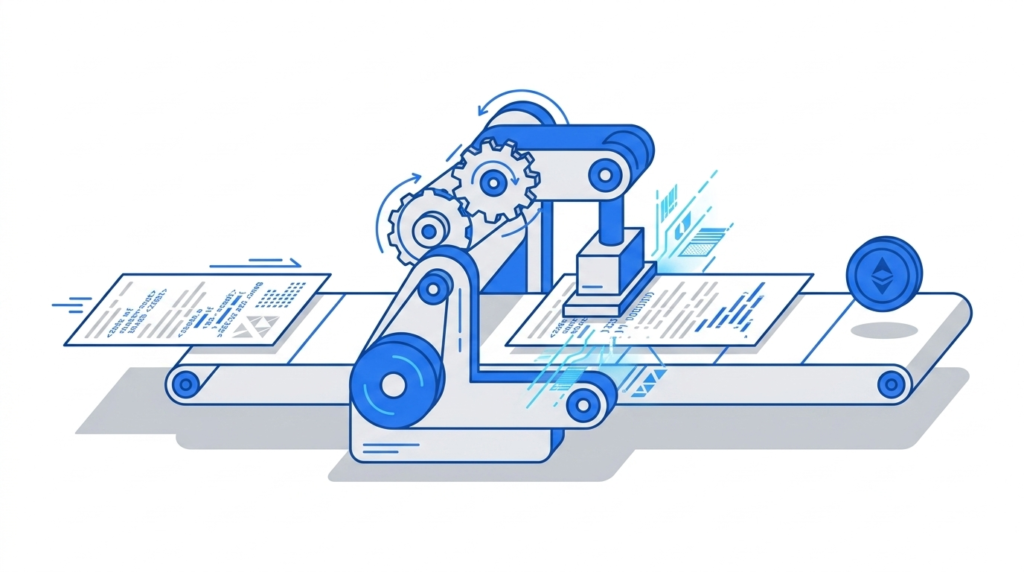 Ilustração de estilo fintech mostrando engrenagens processando uma folha de código digital em uma esteira industrial, transformando o código em um token digital pronto para uso.