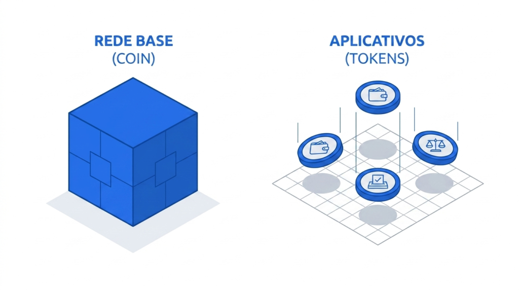 Diagrama comparativo em azul e cinza. À esquerda, um cubo sólido representando a rede base (Coin). À direita, pequenos discos flutuando sobre uma grade, representando os tokens construídos sobre a rede principal.