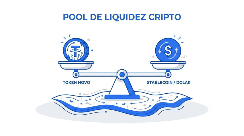 Ilustração de uma balança perfeitamente equilibrada. De um lado, o ícone de um novo token; do outro, o símbolo de um dólar (stablecoin). Abaixo da balança, há a representação fluida de uma pool de liquidez em tons de azul.